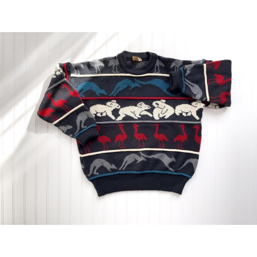 vtg Zignature Australia kangaroo koala emu‎ gray wool sweater